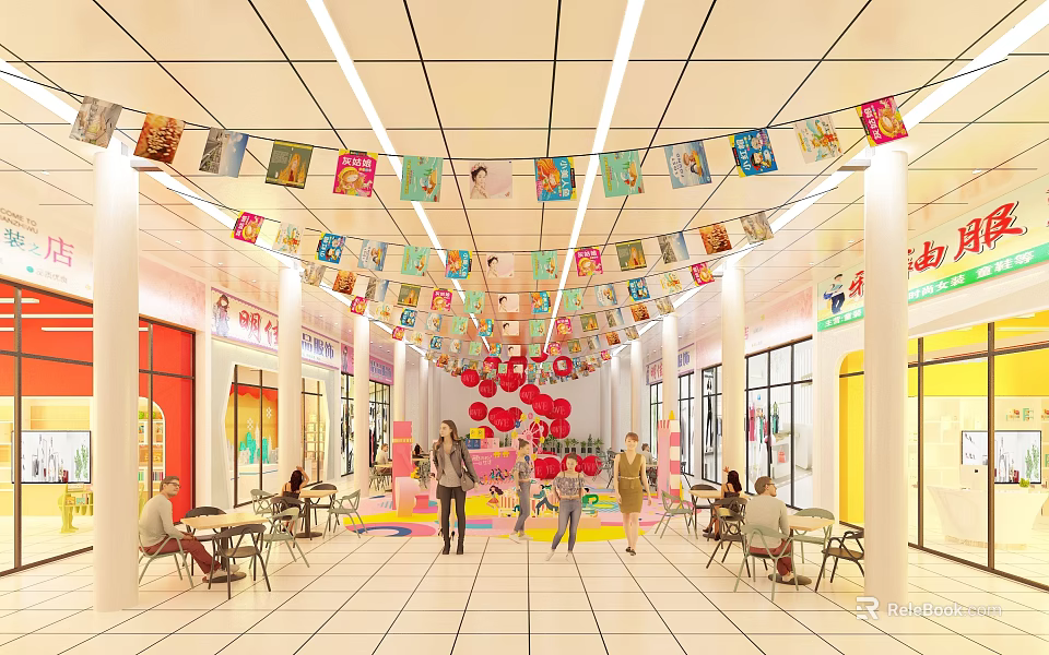 Bright Shopping Mall Lobby With Colorful Ceiling Flags Red Balloon Decorations And People 3d model 