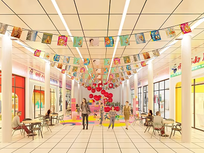 Bright Shopping Mall Lobby With Colorful Ceiling Flags Red Balloon Decorations And People 3d model