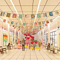Bright Shopping Mall Lobby With Colorful Ceiling Flags Red Balloon Decorations And People