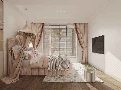 Kids Room Interior With Pink Canopy Bed Curtains Soft Rug And Wall TV 3d model