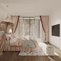 Kids Room Interior With Pink Canopy Bed Curtains Soft Rug And Wall TV