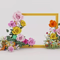 Colorful Flower Decorated Photo Check In Spot With Yellow Frame And Modern Building Background