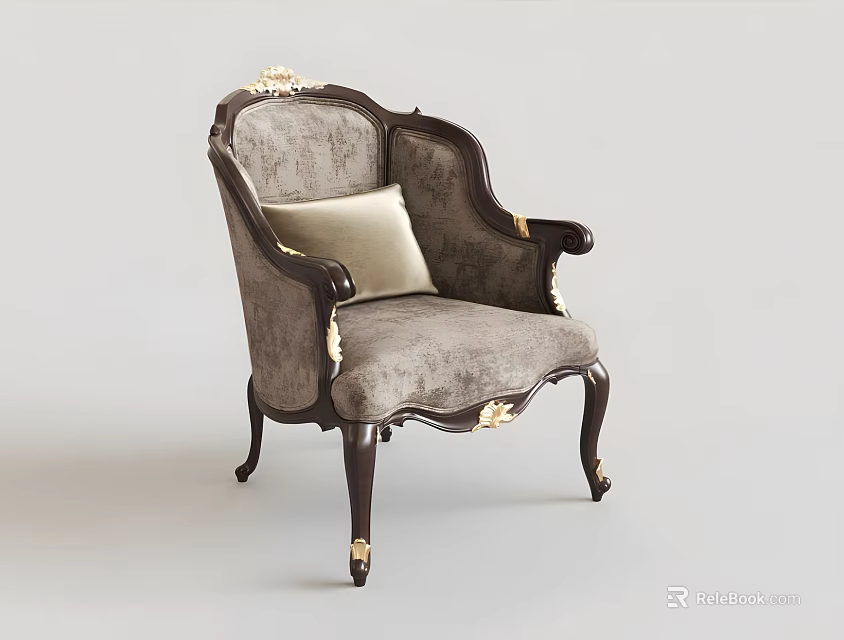 Classic Accent Chair With Dark Wooden Frame Gold Accents Light Gray Upholstery And Matching Cushion 3d model 