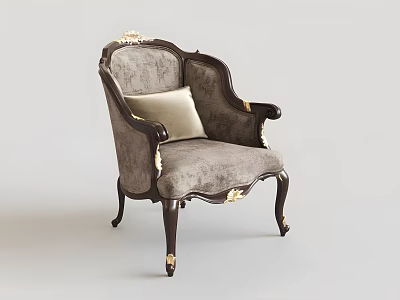 Classic Accent Chair With Dark Wooden Frame Gold Accents Light Gray Upholstery And Matching Cushion 3d model