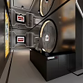 Modern Fitness Studio Interior With Red Ceiling Gray Walls Multiple Shelves And Bench