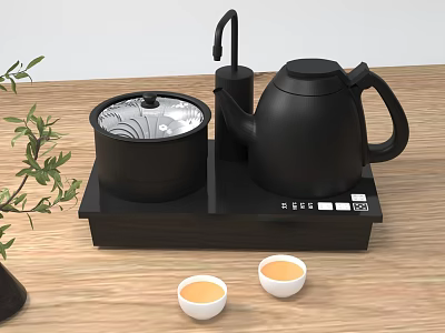 Modern Black Kitchen Appliances Set With Electric Kettle Covered Pot Tea Cups And Green Foliage 3d model
