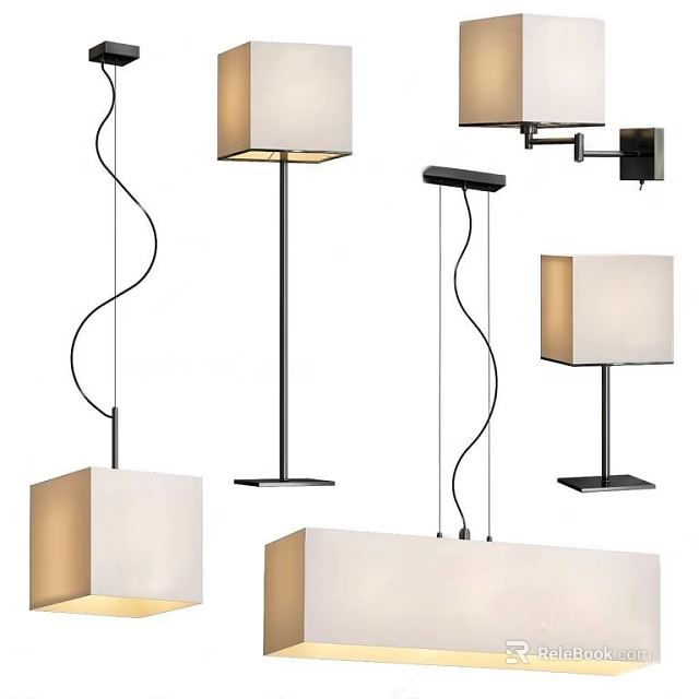 Modern Lighting Combinations With Pendant Floor Lamps Wall Sconces Square Shades Black Frames 3d model 