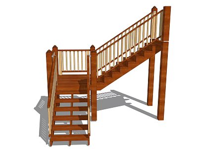 Classic Wooden Staircase With Railing Steps Landing And Support Posts Design 3d model