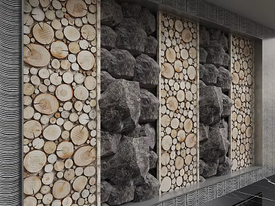 Rustic Accent Wall Design with Natural Wood Slices and Stone Blocks Texture 3d model