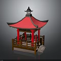 Traditional Chinese Pavilion With Pink Curved Eaves Red Columns And Wooden Railings