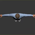 Man in blue shirt dark jeans and white sneakers with arms outstretched against gray background