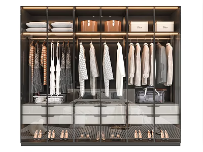 Organized Modern Wardrobe With Hanging Clothes Folded Clothes Drawers Storage Boxes And Shoes 3d model