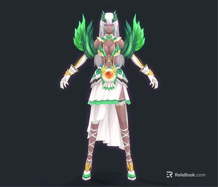 Elven Fantasy Character With Green Wings White Green Outfit And Golden Accents Design 3d model 