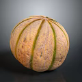 Fresh Ripe Cantaloupe Melon With Yellow Green Stripes And Smooth Surface On Dark Background