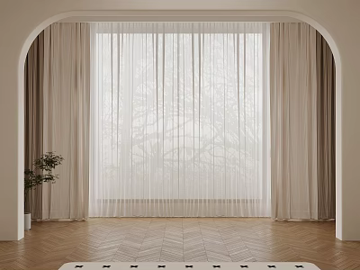 Beige Curtains With Sheer Panels For Arched Window In Modern Room With Wooden Floor 3d model