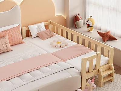 Cute Wooden Kids Bed With Arched Headboard Pink Bedding And Stuffed Toys 3d model