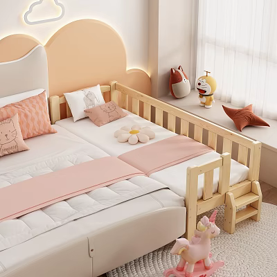 Cute Wooden Kids Bed With Arched Headboard Pink Bedding And Stuffed Toys 3d model