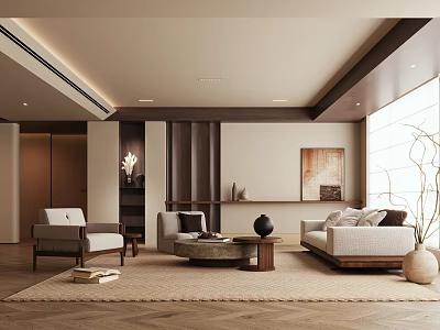 Modern Living Room Interior With Sofa Armchair Round Coffee Table Decorative Painting And Large Window 3d model