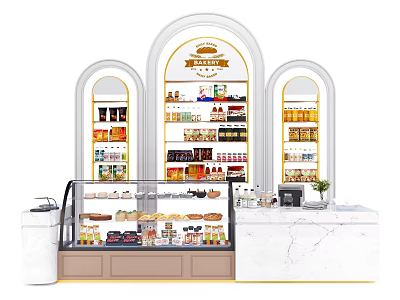 Modern Pastry Shop Interior With Arched Display Shelves Glass Counter And Marble Checkout 3d model