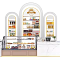 Modern Pastry Shop Interior With Arched Display Shelves Glass Counter And Marble Checkout