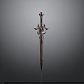 Red Mythical Sword With Intricate Hilt And Silver Accented Blade Design
