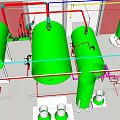 Industrial Equipment Configuration Featuring Green Storage Tanks And Piping Systems