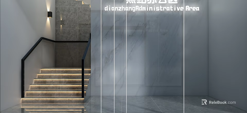 Modern Administrative Area Interior Design With Staircase Marble Wall Glass Partition And Lighting 3d model 