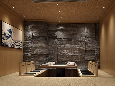 Private Room Featuring Stone Wall Wooden Elements Tatami Seats Decorative Painting Dining Table And Tableware 3d model