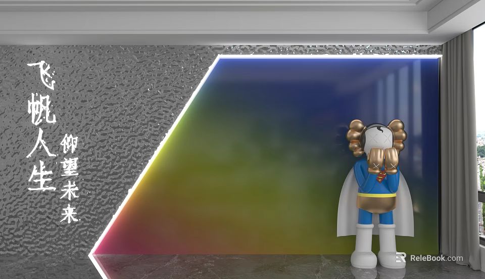 Metallic Texture Background Wall with Rainbow Light Effect and Cartoon Figure in Blue Cape 3d model 