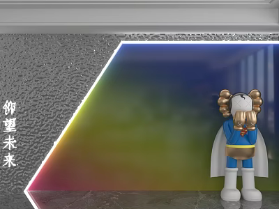 Metallic Texture Background Wall with Rainbow Light Effect and Cartoon Figure in Blue Cape 3d model