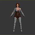 3D Female Warrior Character With Red Hair Gray Top Brown Leather Outfit And Silver Armor