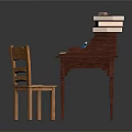 Wooden Writing Desk With Drawer Open Book Lamp Stacked Books Pen And Chair