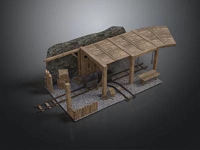 Rustic Wooden Platform Scene With Rail Tracks Stone Wall And Sloped Roof 3d model