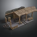 Rustic Wooden Platform Scene With Rail Tracks Stone Wall And Sloped Roof