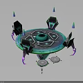 Futuristic Circular Furniture with Geometric Parts and Glowing Blue Green Accents