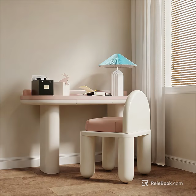 Stylish Light Colored Desk With Pink Cushioned Chair Blue Lampshade Books And Rabbit Decoration 3d model 