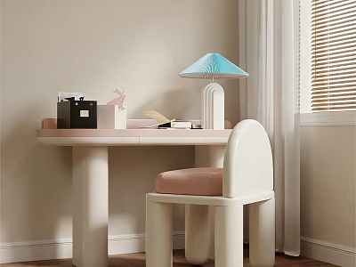 Stylish Light Colored Desk With Pink Cushioned Chair Blue Lampshade Books And Rabbit Decoration 3d model