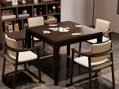 Dark Wooden Entertainment Table with Four Chairs in Cozy Indoor Setting and Bookshelf Background 3d model