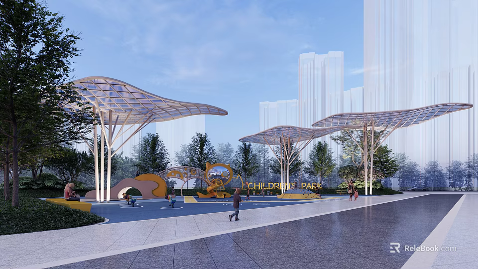 Garden Features With Canopy Structures In The Deity Park And Modern Buildings 3d model