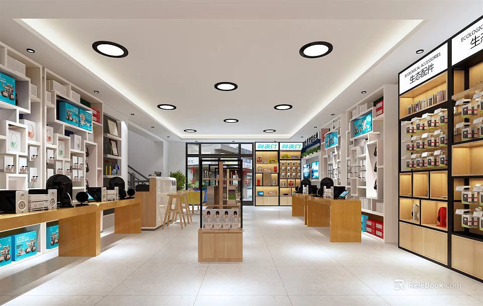 Spacious Modern Digital Store Interior With Open Layout Bright Lighting And Shelves Displaying Electronics 3d model