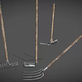 Versatile Farm Tools Including Hoe Rake Fork Shovel With Wooden Handles And Metal Parts