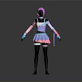 3D Character Model With Pink Hair Blue Pink Outfit Skirt Black Gloves And Leggings