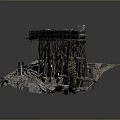 Abandoned Ruined Wooden Bridge Structure With Debris Dirt And Surrounding Trees