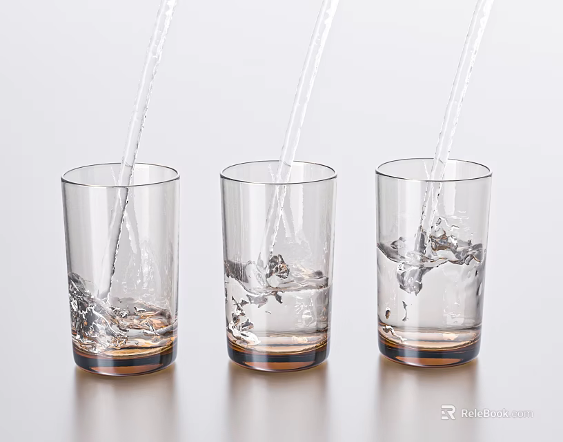 Three Transparent Glass Cups With Brown Base As Water Splashes In 3d model 