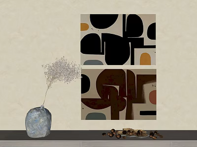 Abstract Geometric Wall Art With Colorful Shapes Decorative Vase And Dried Flowers 3d model