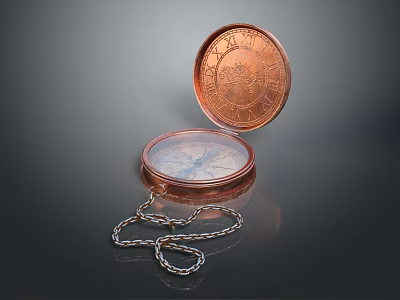 Vintage Copper Decorative Ornament Set With Pocket Watch Compass And Chain 3d model