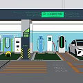 Modern Parking Lot With Electric Vehicle Charging Stations And White Electric Car