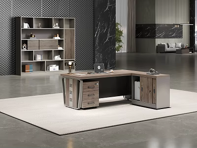 Modern Work Desk With Wooden And Metal Drawers Adjacent Shelf Unit In Contemporary Office Interior 3d model