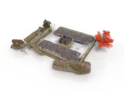 Ancient Architectural Model With City Walls Watchtower Courtyard And Red Tree 3d model