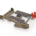 Ancient Architectural Model With City Walls Watchtower Courtyard And Red Tree